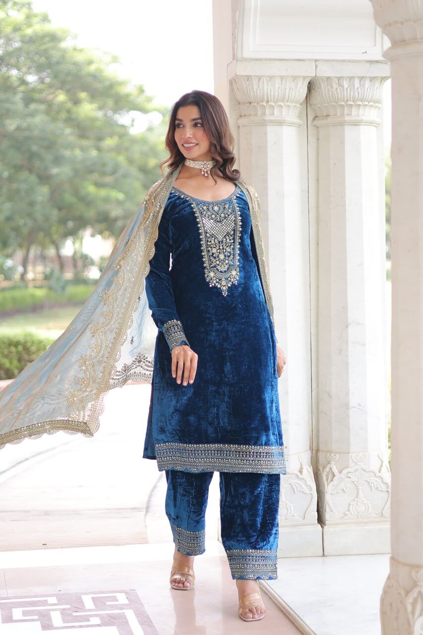 Viscose Velvet Embroidered Suit Set