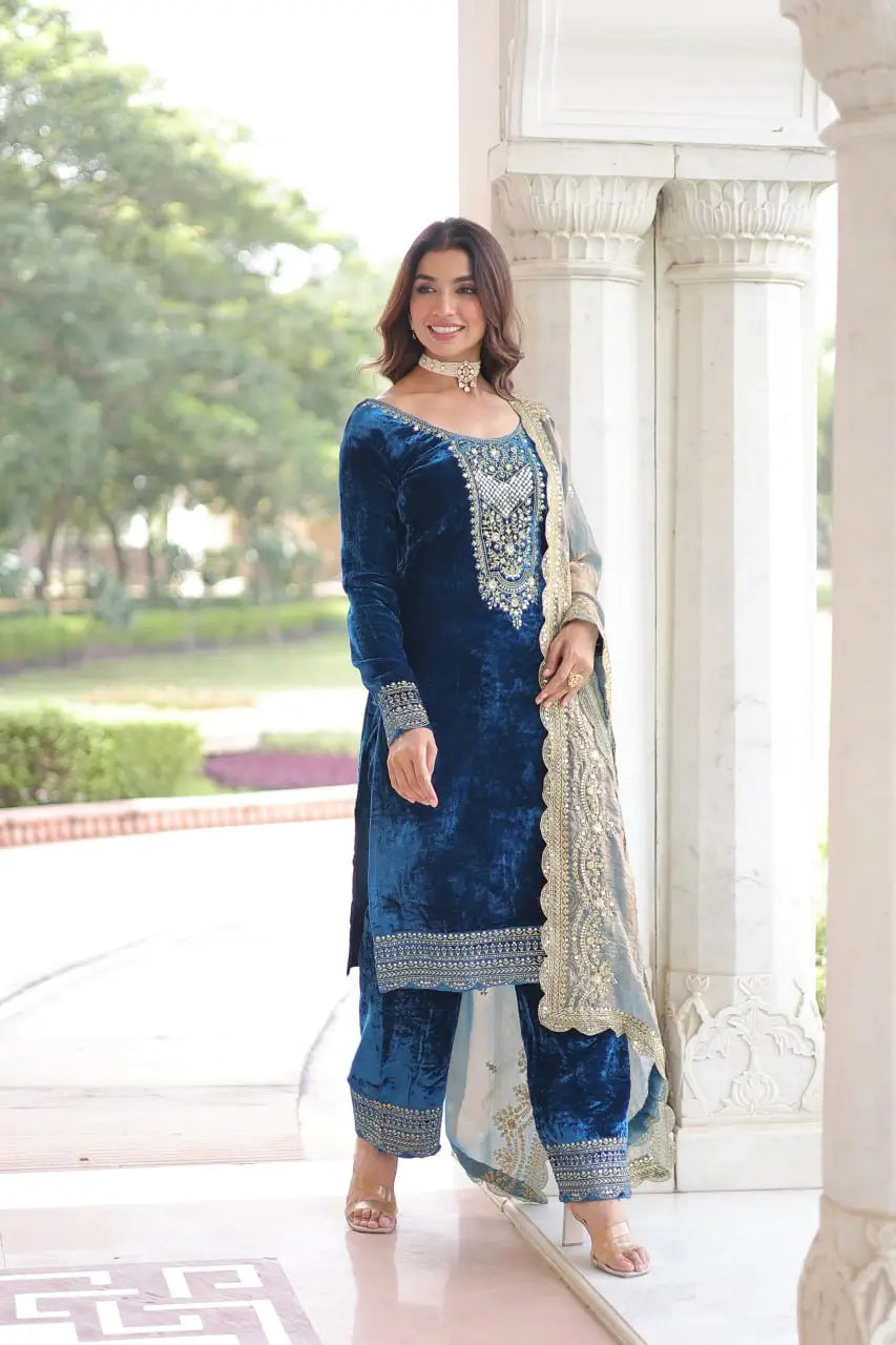 Viscose Velvet Embroidered Suit Set