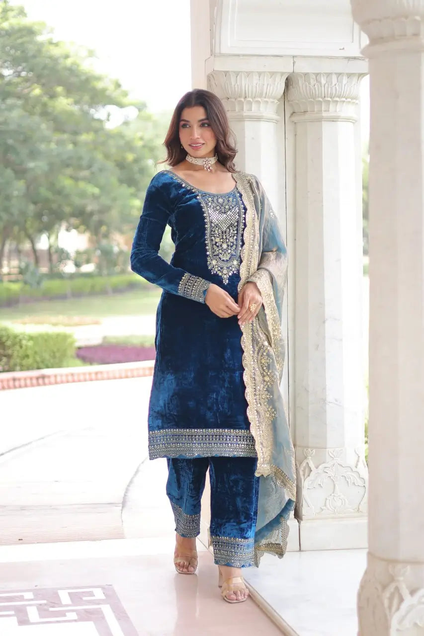 Viscose Velvet Embroidered Suit Set
