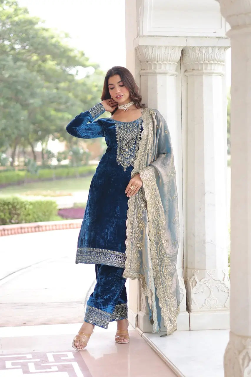 Viscose Velvet Embroidered Suit Set