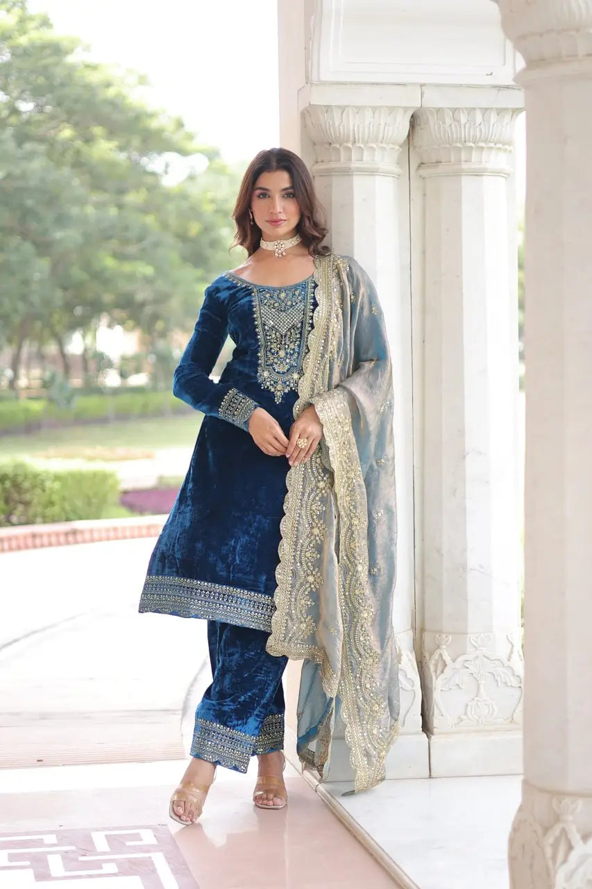 Viscose Velvet Embroidered Suit Set