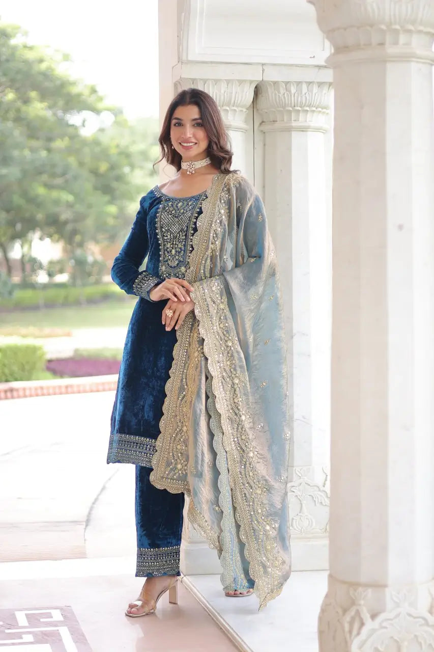 Viscose Velvet Embroidered Suit Set