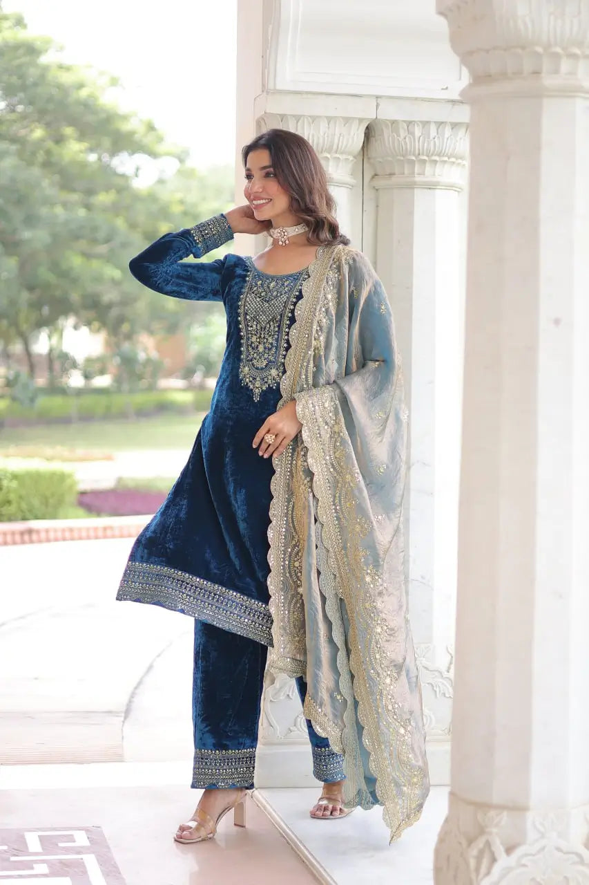 Viscose Velvet Embroidered Suit Set