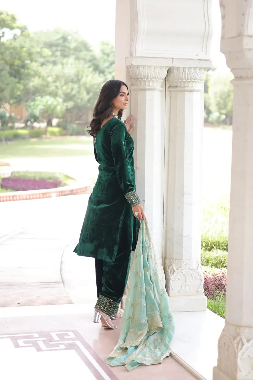 Viscose Velvet Embroidered Suit Set