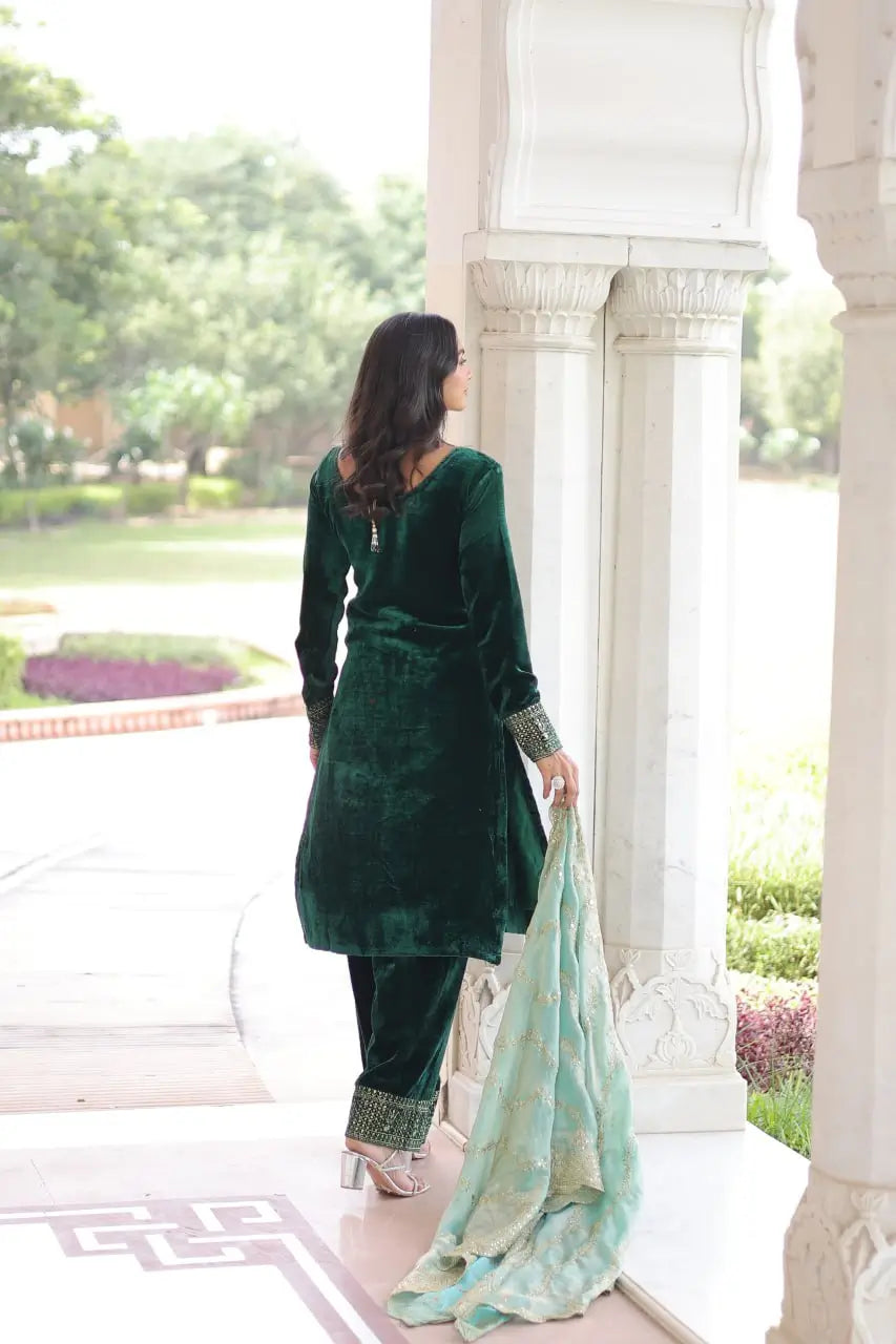 Viscose Velvet Embroidered Suit Set