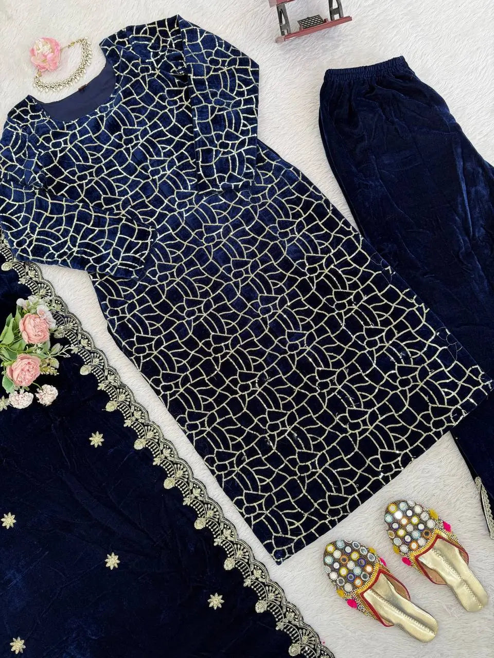 Viscose Velvet Embroidered Suit Set