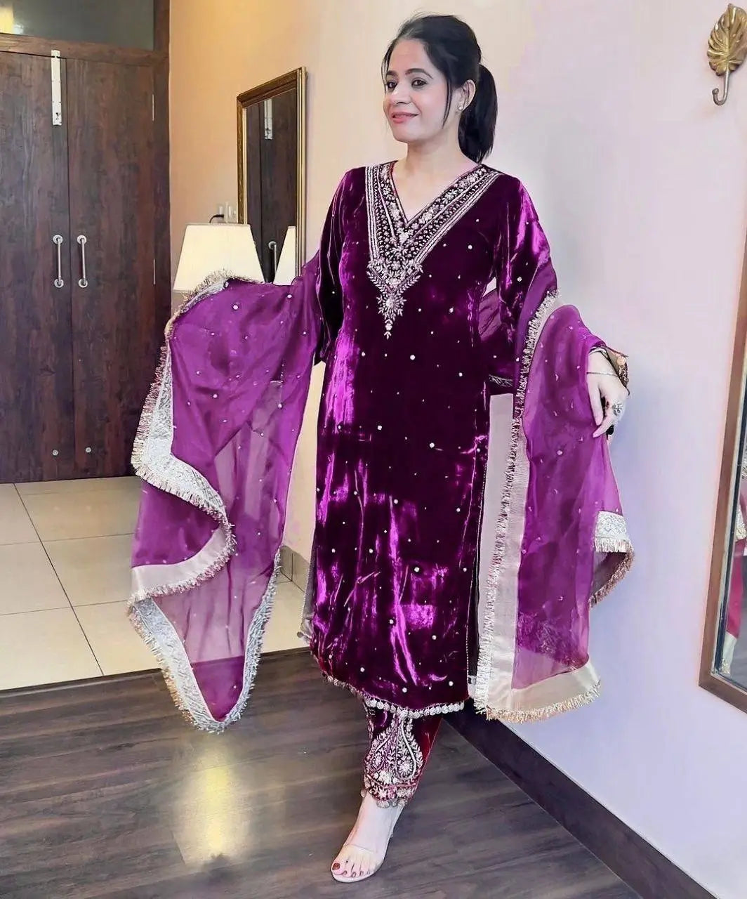 Viscose Velvet Embroidered Suit Set