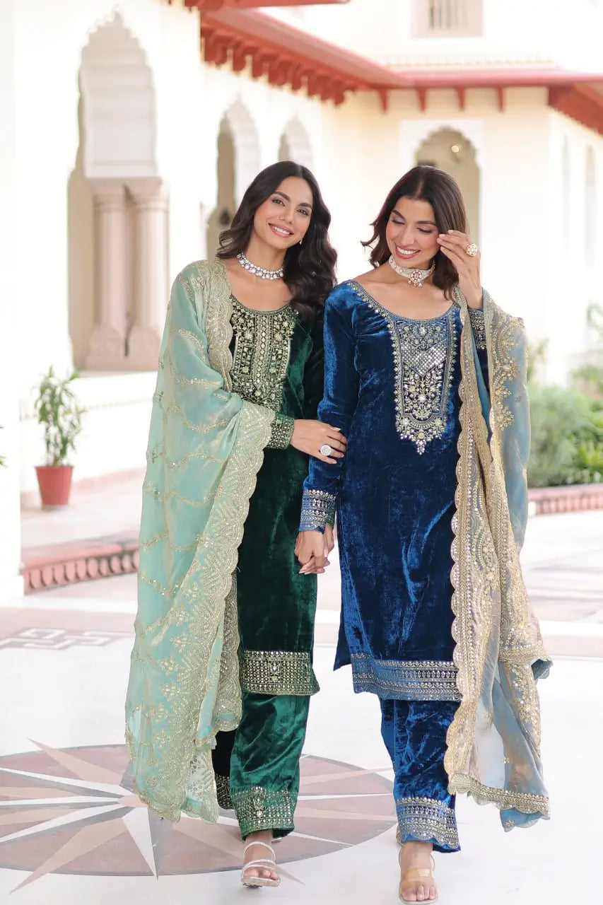 Viscose Velvet Embroidered Suit Set