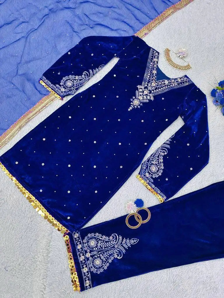 Viscose Velvet Embroidered Suit Set