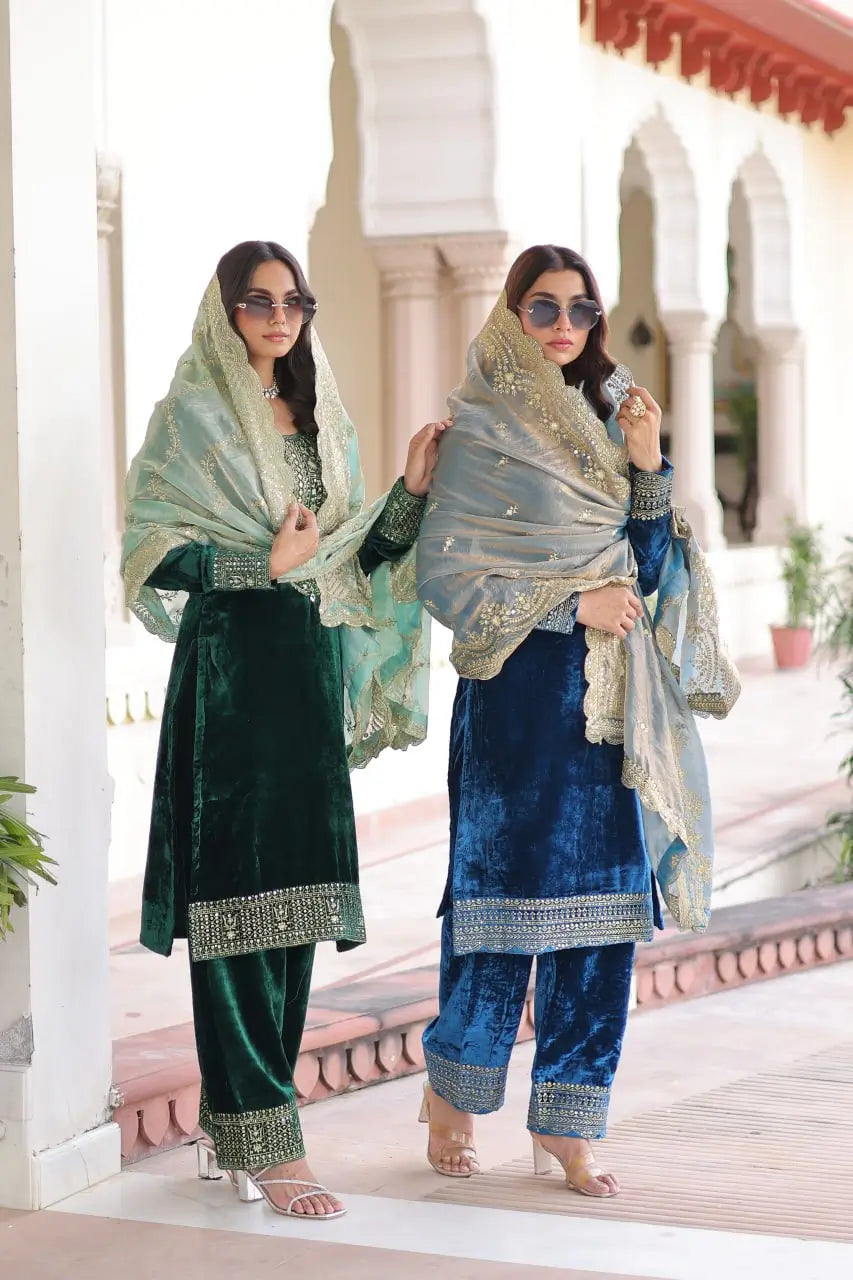Viscose Velvet Embroidered Suit Set