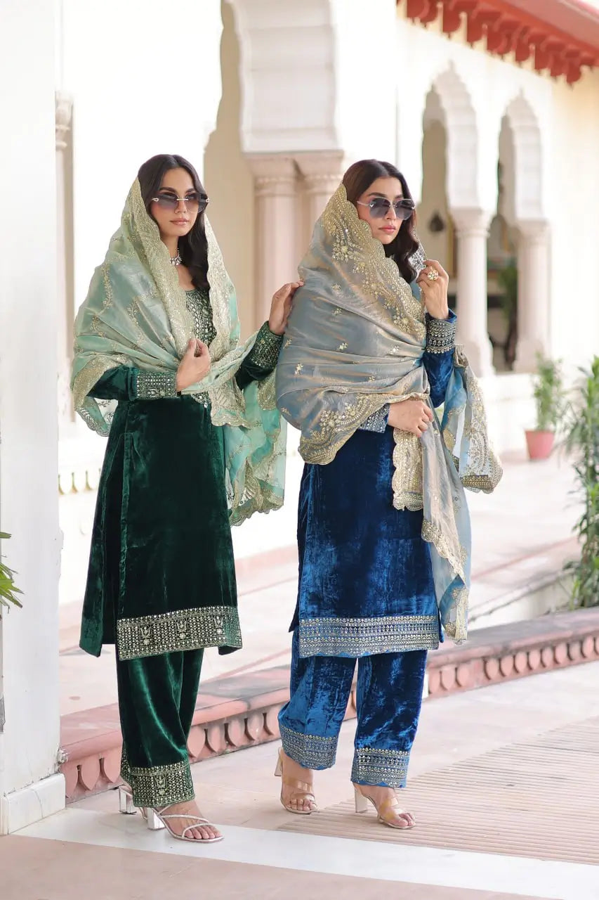 Viscose Velvet Embroidered Suit Set