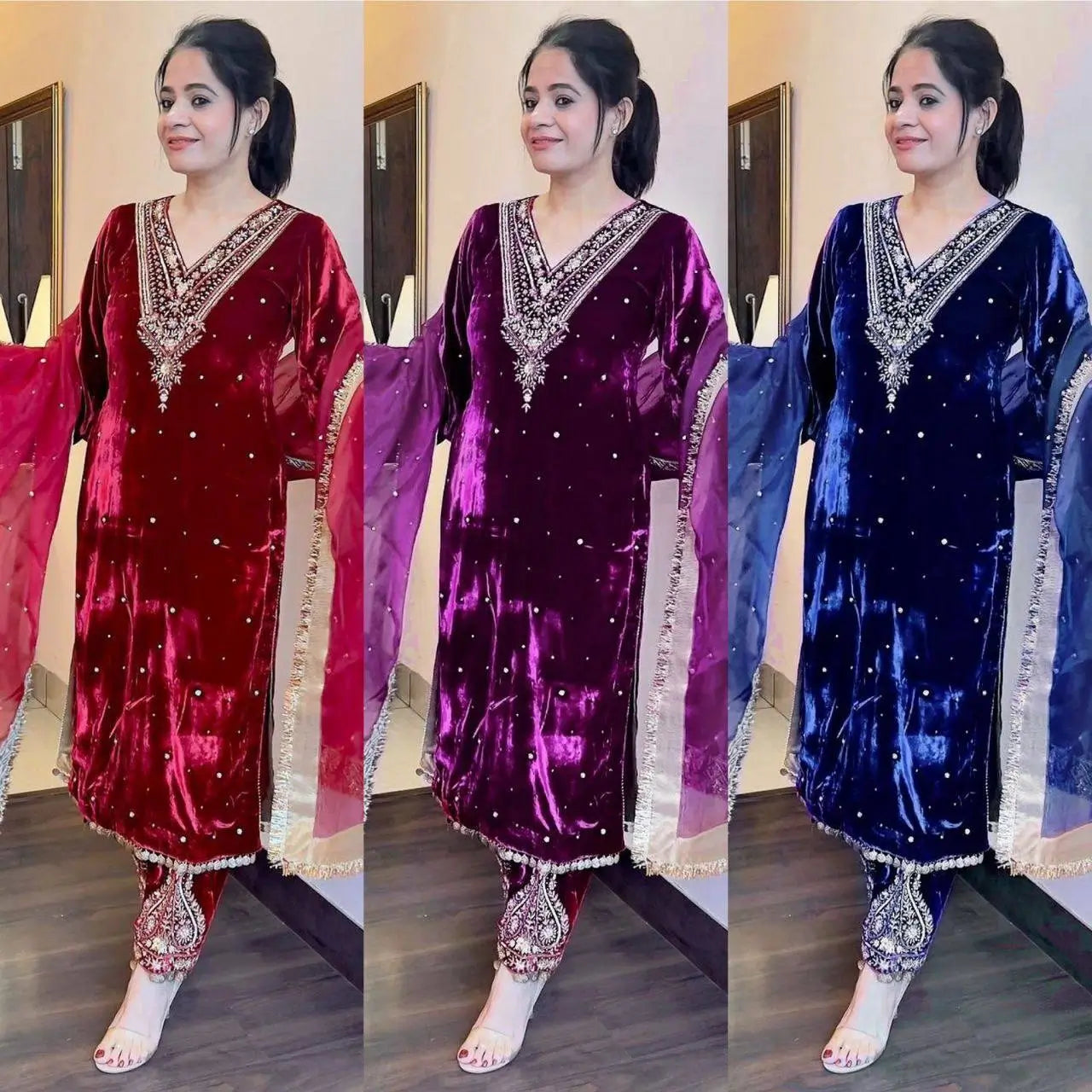 Viscose Velvet Embroidered Suit Set