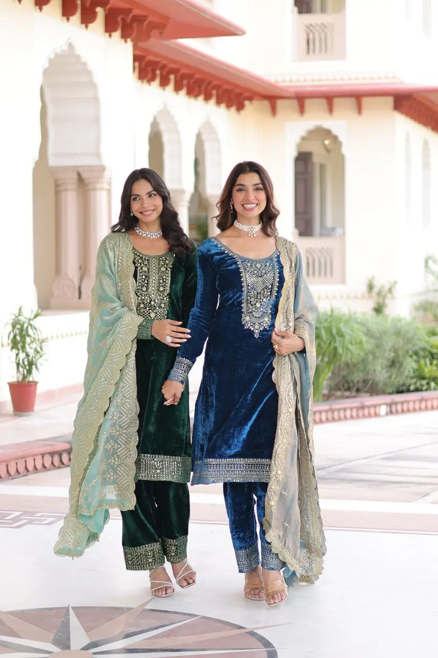 Viscose Velvet Embroidered Suit Set