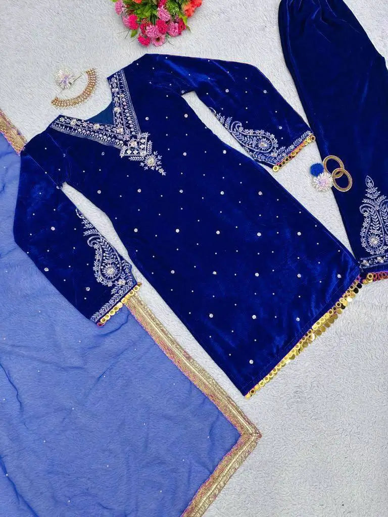 Viscose Velvet Embroidered Suit Set
