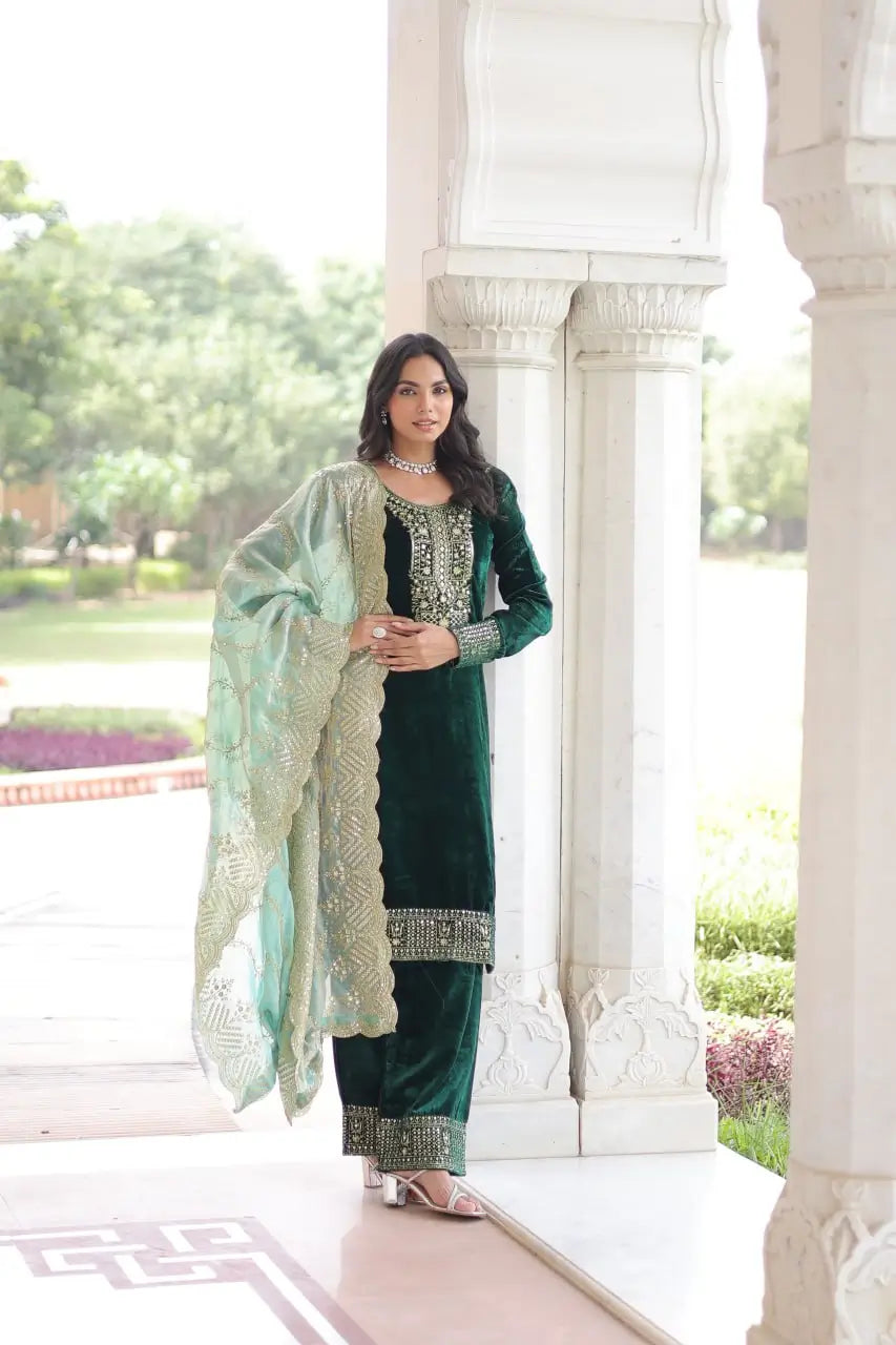 Viscose Velvet Embroidered Suit Set