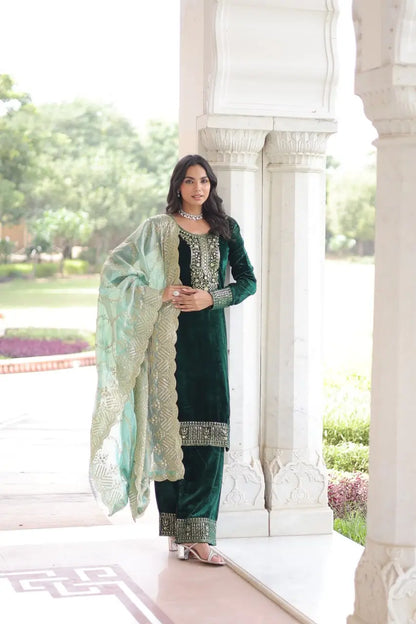 Viscose Velvet Embroidered Suit Set