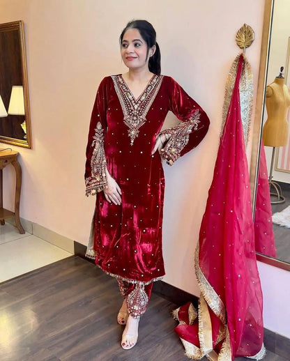 Viscose Velvet Embroidered Suit Set