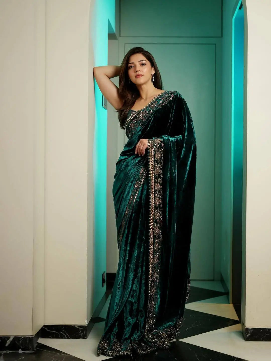 Viscose Velvet Zari Embroidered Saree