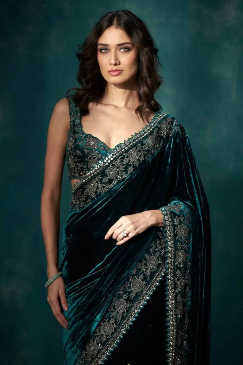 Viscose Velvet Zari Embroidered Saree