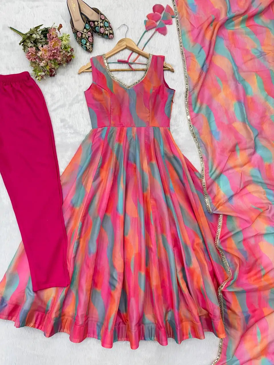 Watercolor Print Mirror Anarkali