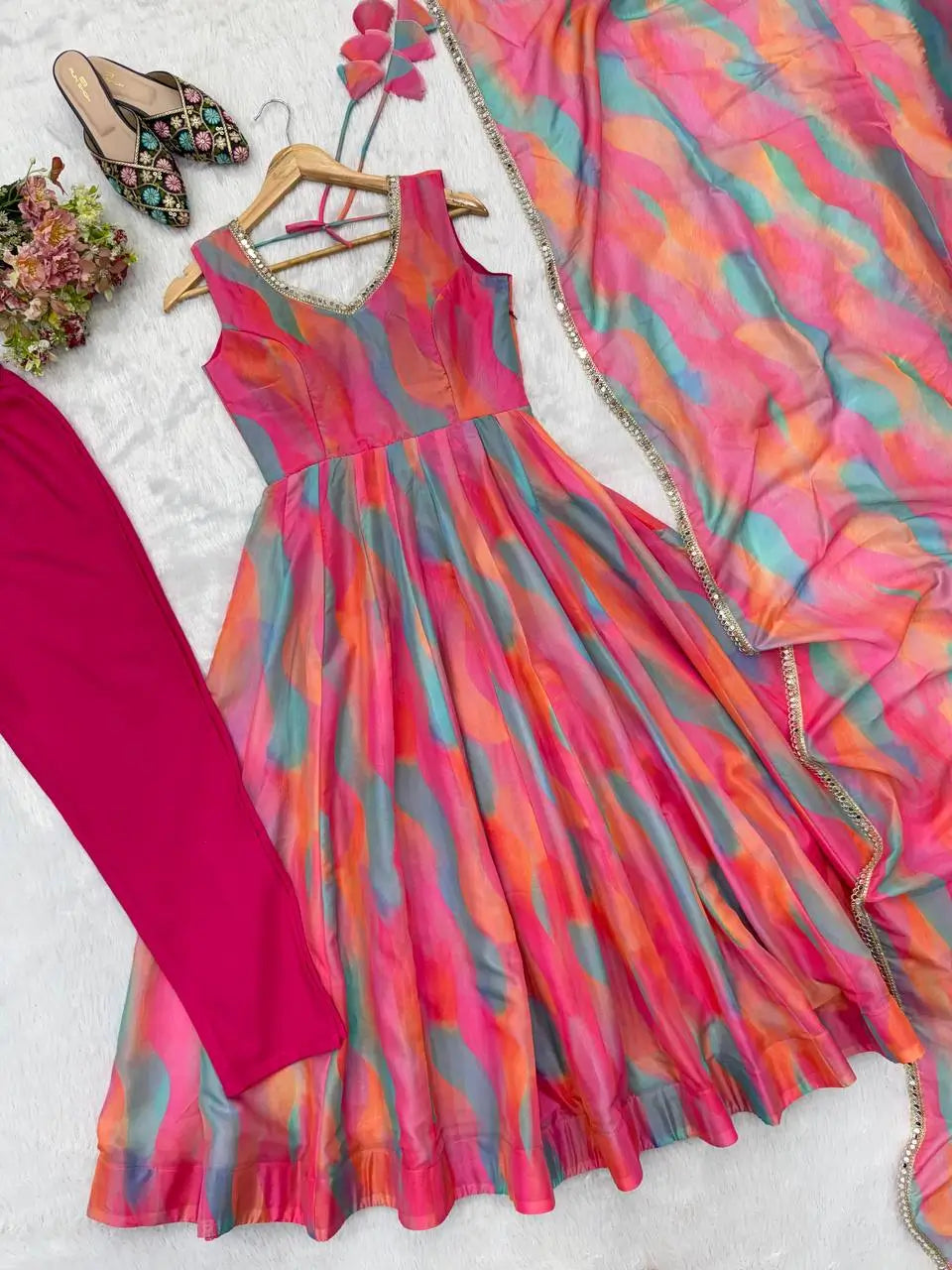 Watercolor Print Mirror Anarkali