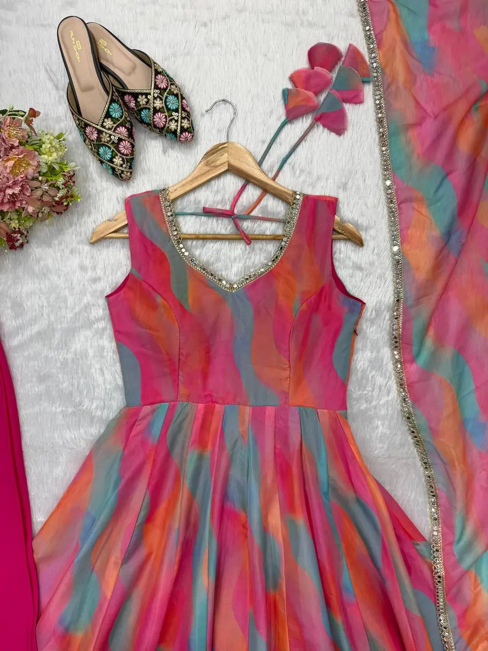 Watercolor Print Mirror Anarkali