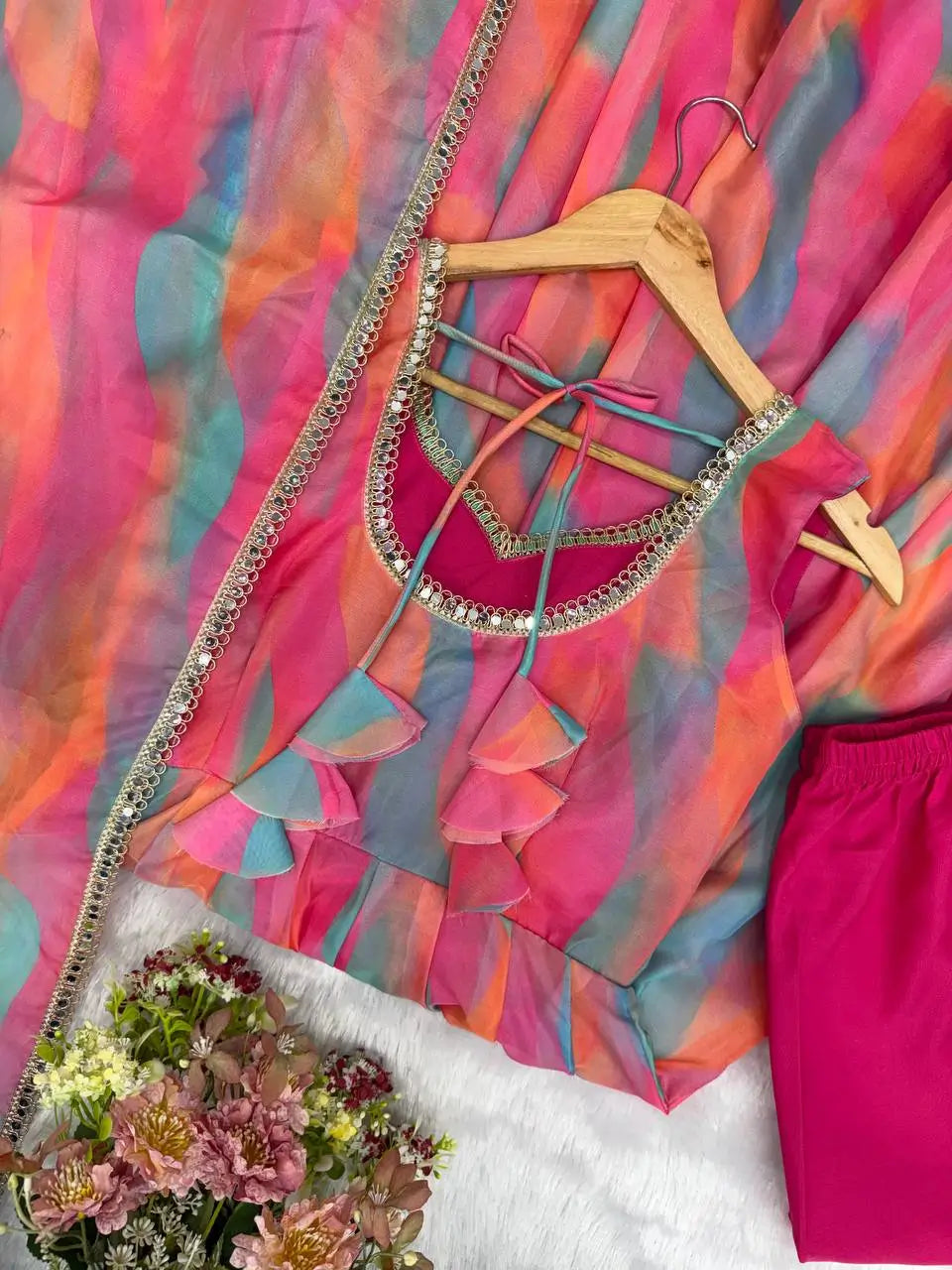 Watercolor Print Mirror Anarkali