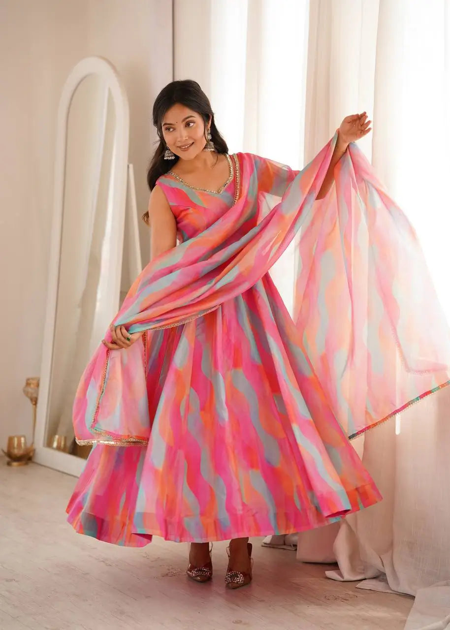 Watercolor Print Mirror Anarkali