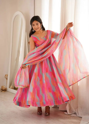 Watercolor Print Mirror Anarkali