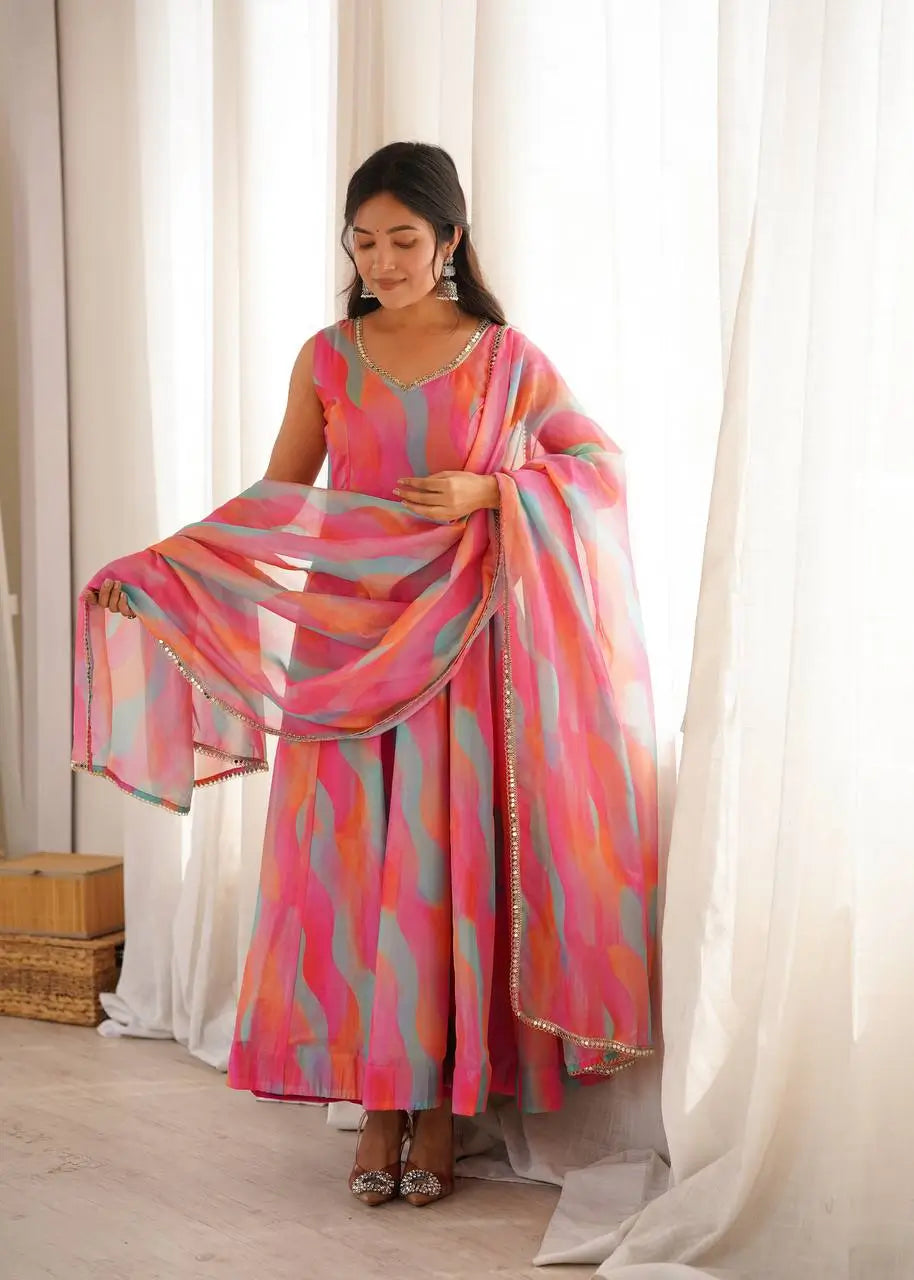 Watercolor Print Mirror Anarkali