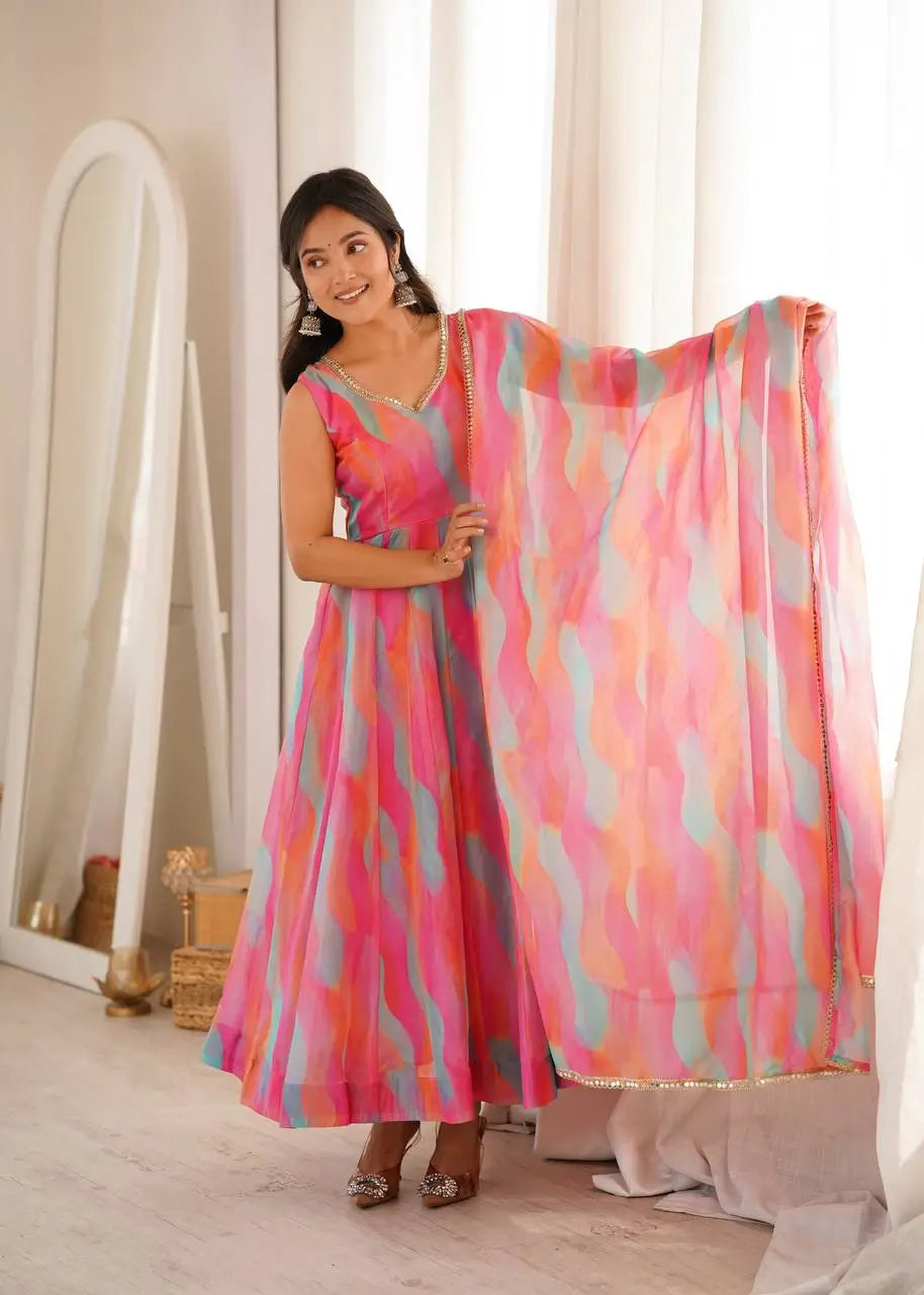 Watercolor Print Mirror Anarkali