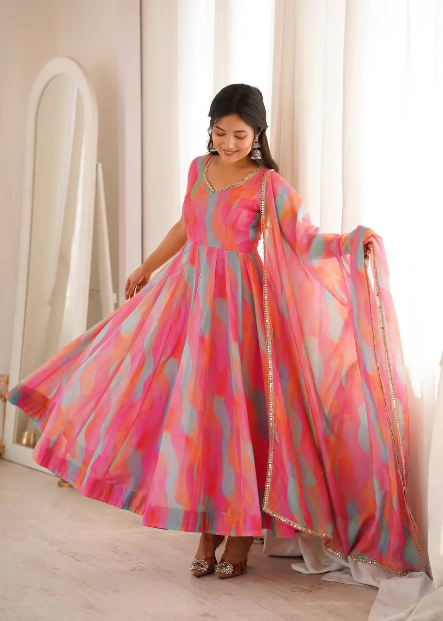 Watercolor Print Mirror Anarkali
