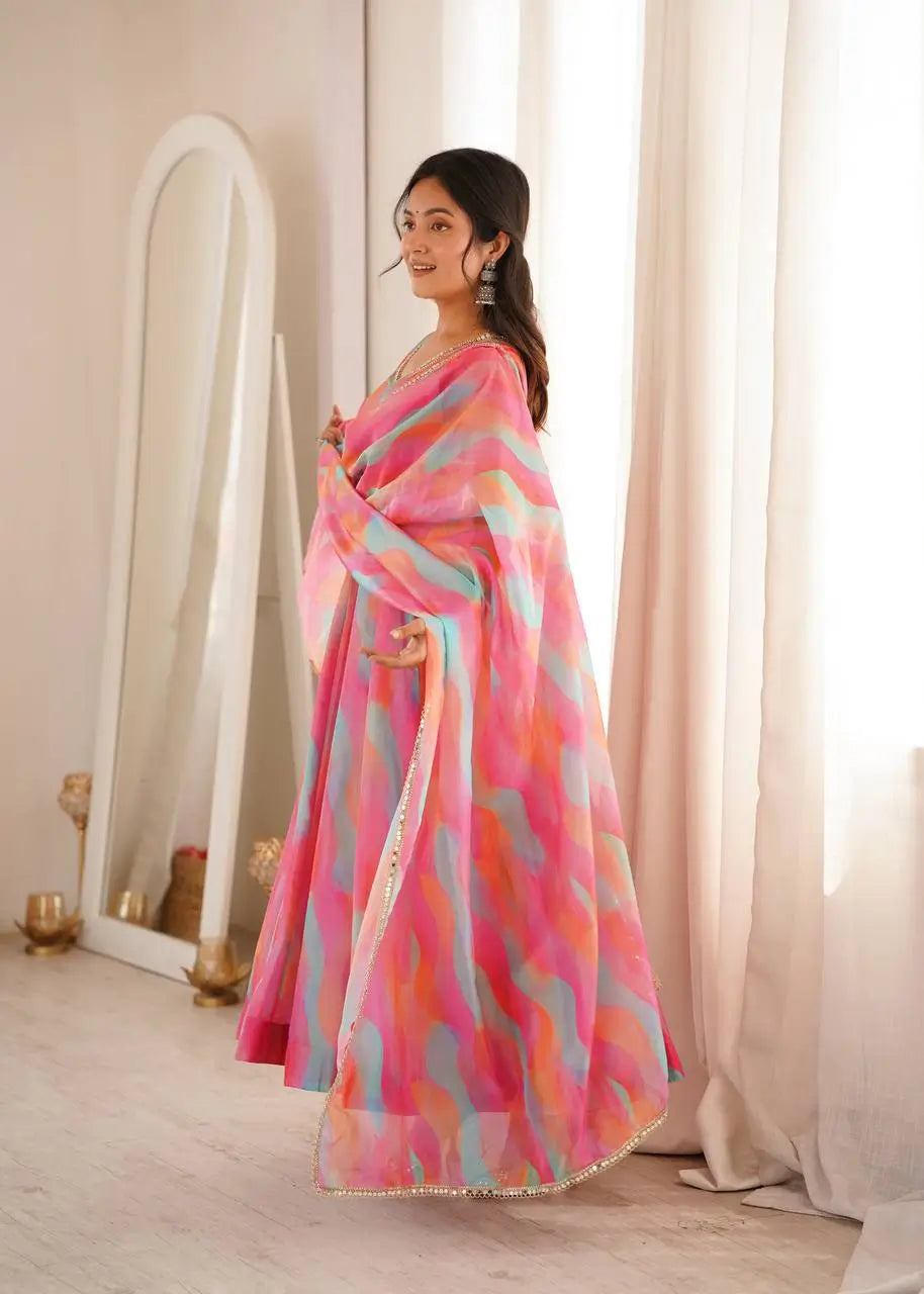 Watercolor Print Mirror Anarkali