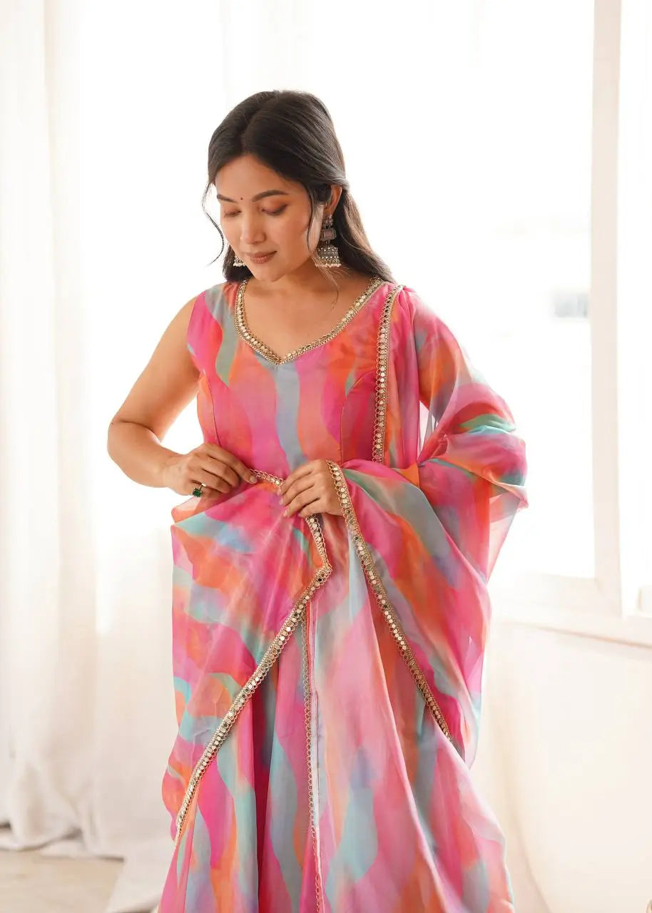 Watercolor Print Mirror Anarkali