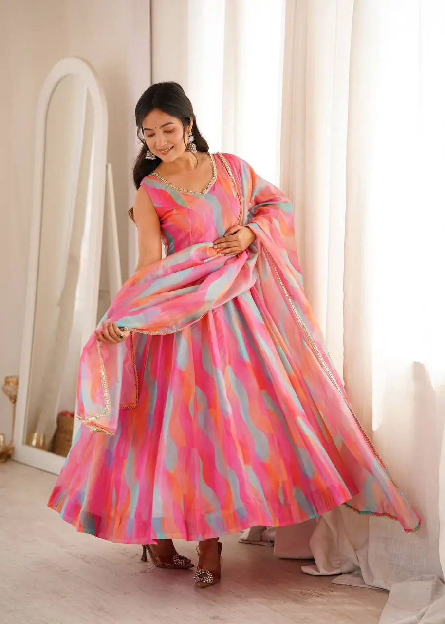 Watercolor Print Mirror Anarkali