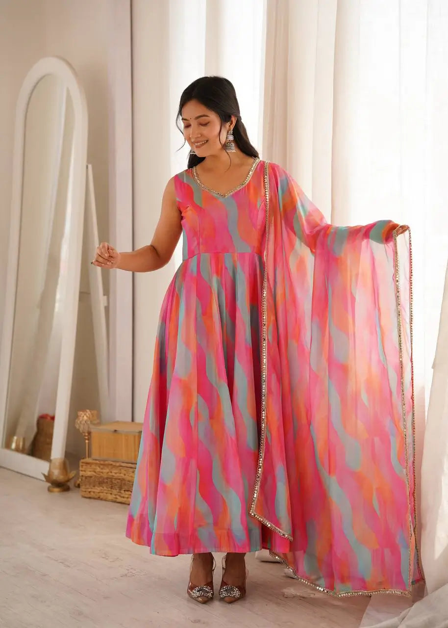 Watercolor Print Mirror Anarkali