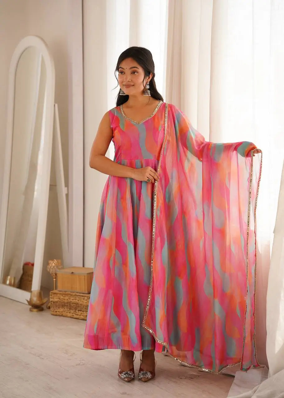 Watercolor Print Mirror Anarkali