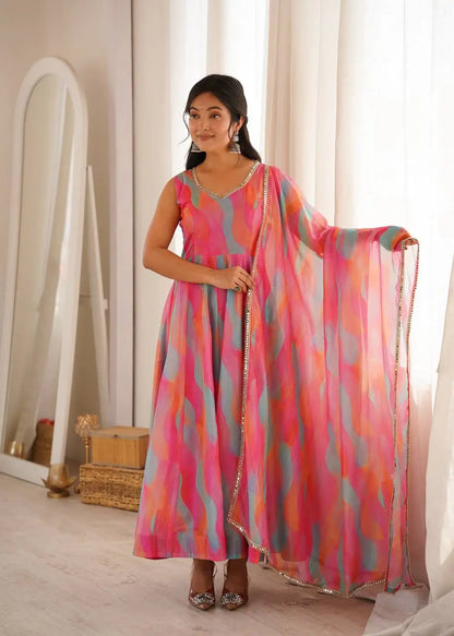Watercolor Print Mirror Anarkali