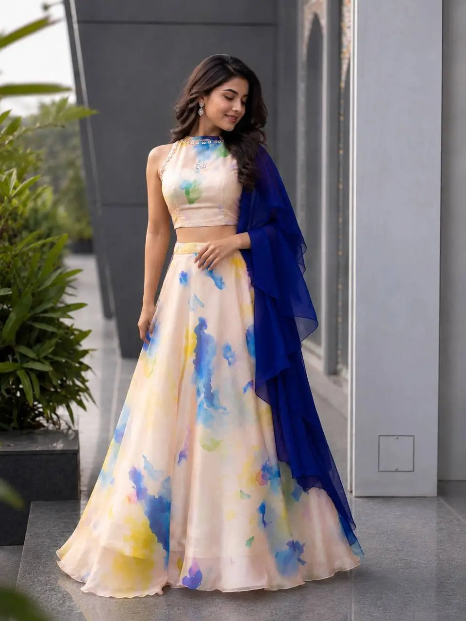 Watercolor Print Organza Lehenga Set