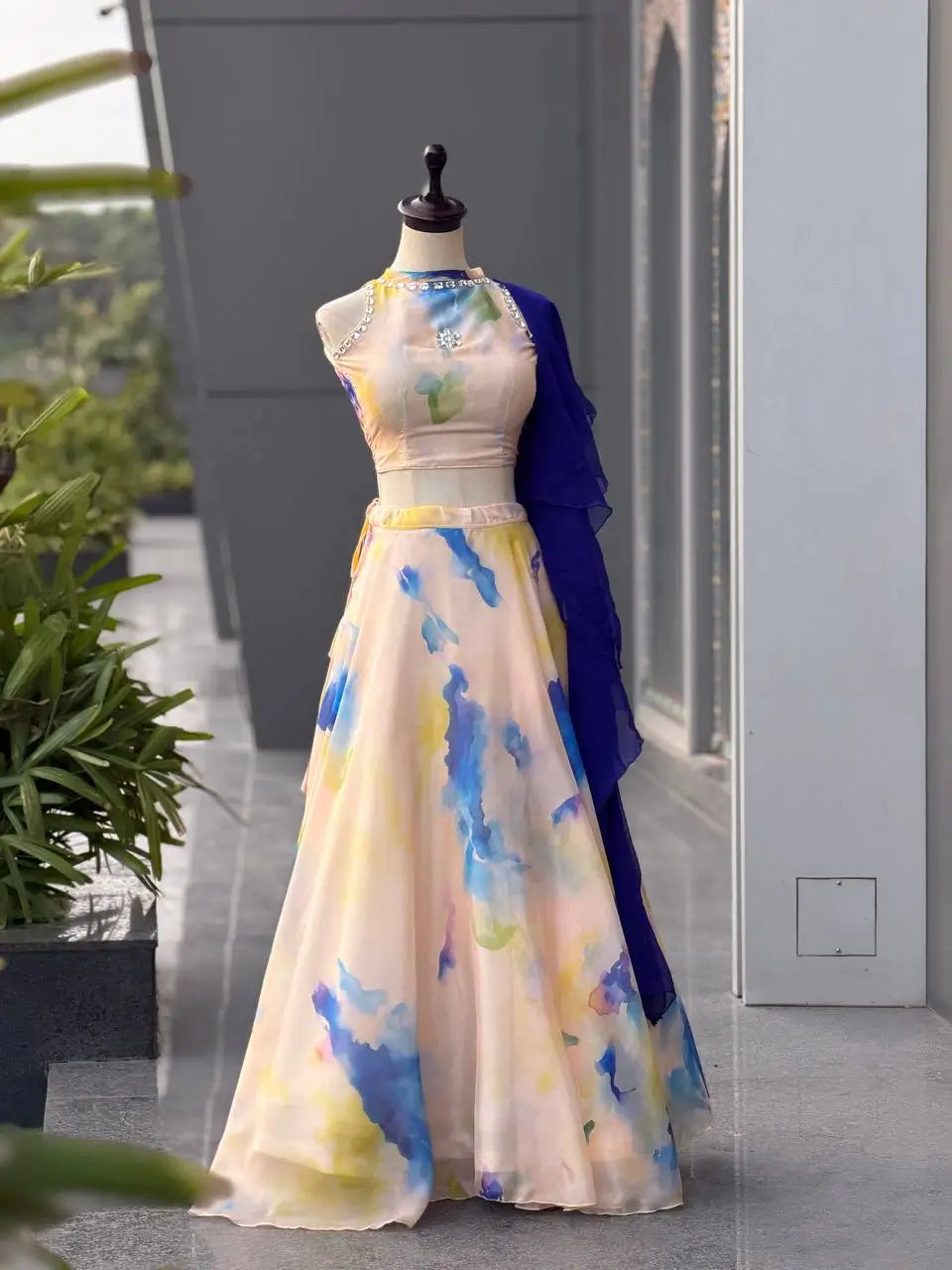 Watercolor Print Organza Lehenga Set