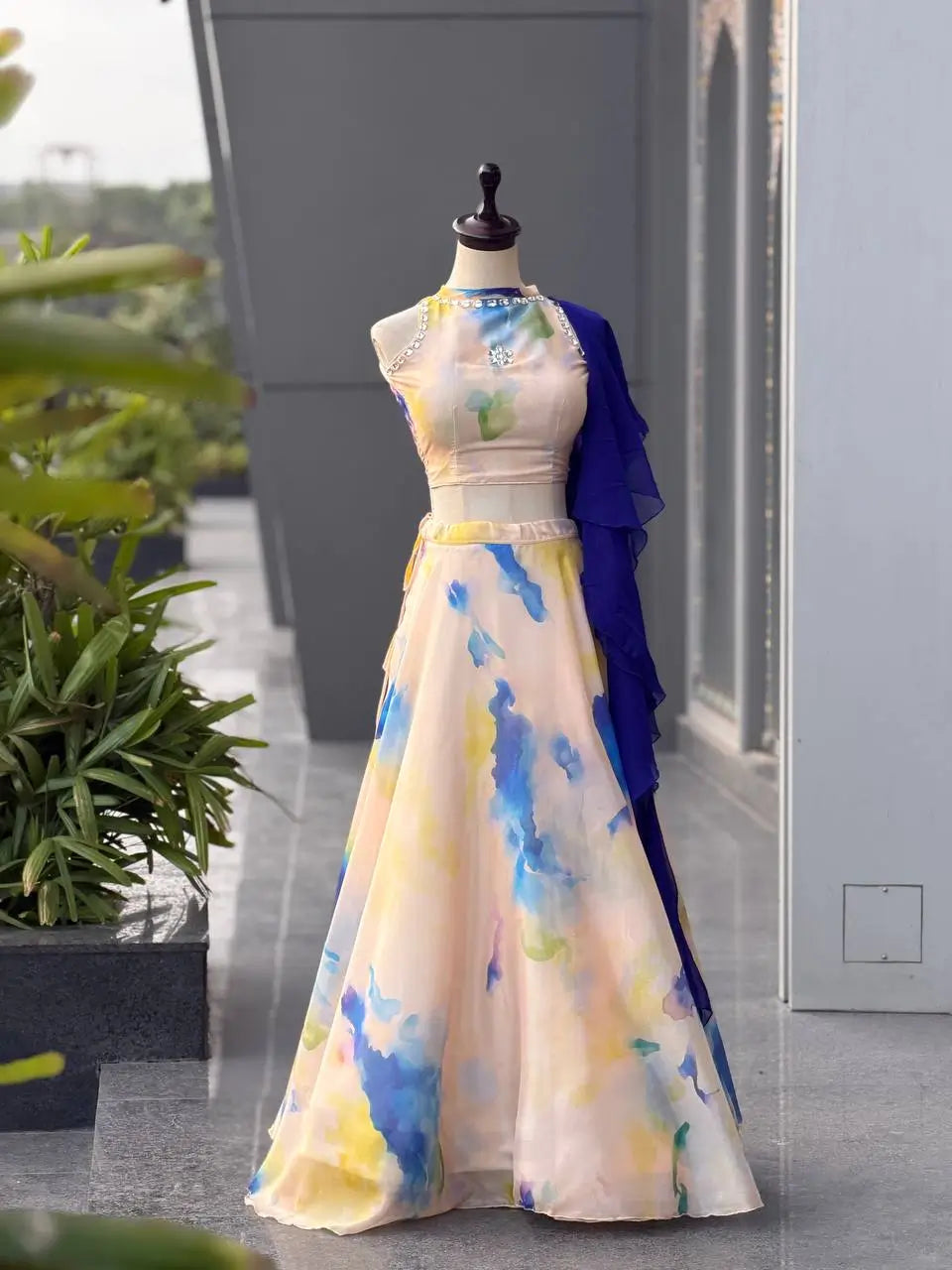 Watercolor Print Organza Lehenga Set