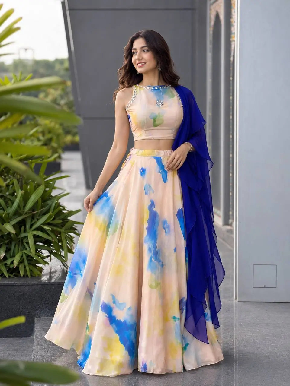 Watercolor Print Organza Lehenga Set
