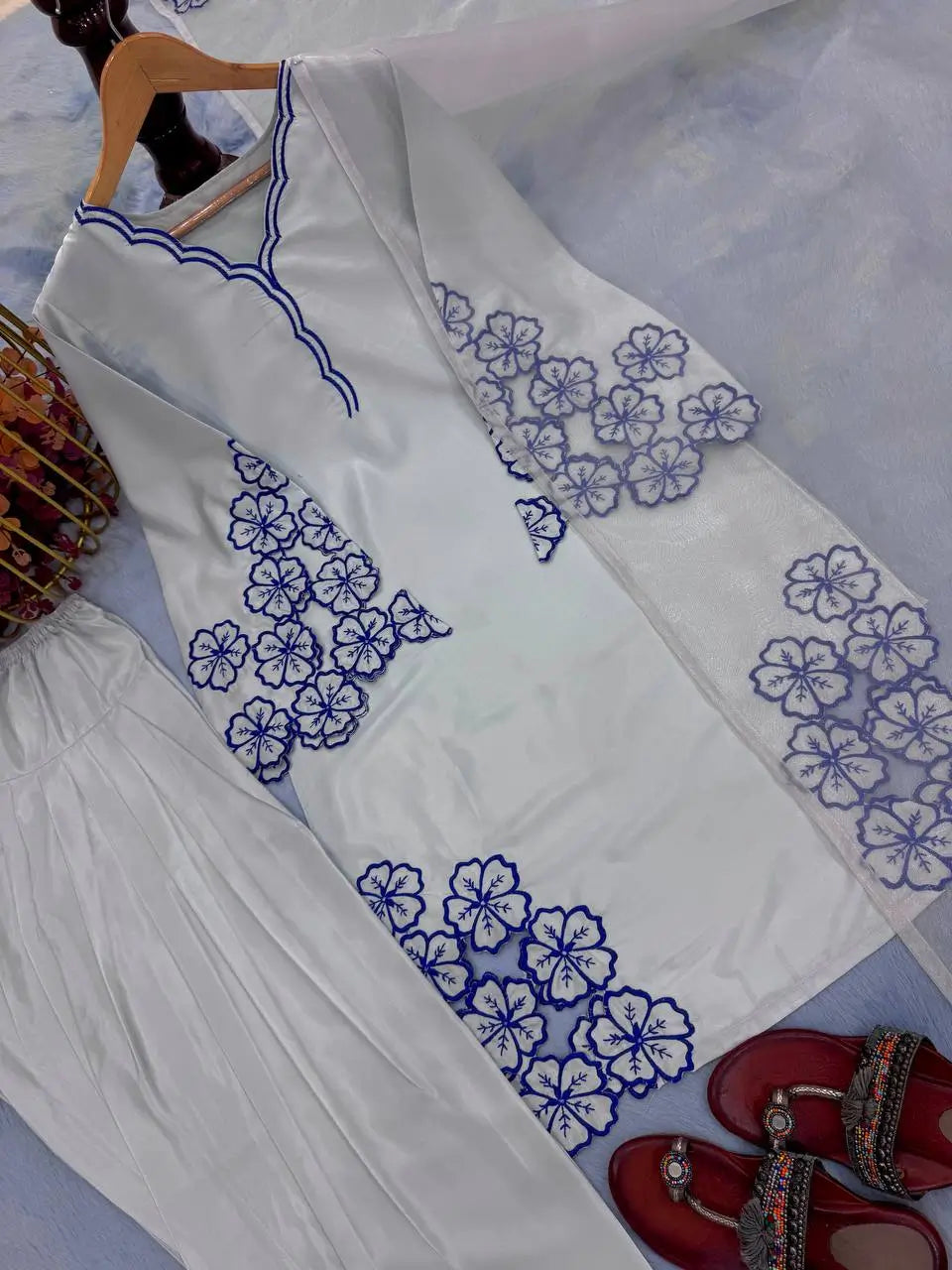 White & Blue Embroidered Crepe Suit with Farshi Plazzo & Organza Dupatta – Summer Festive Wear