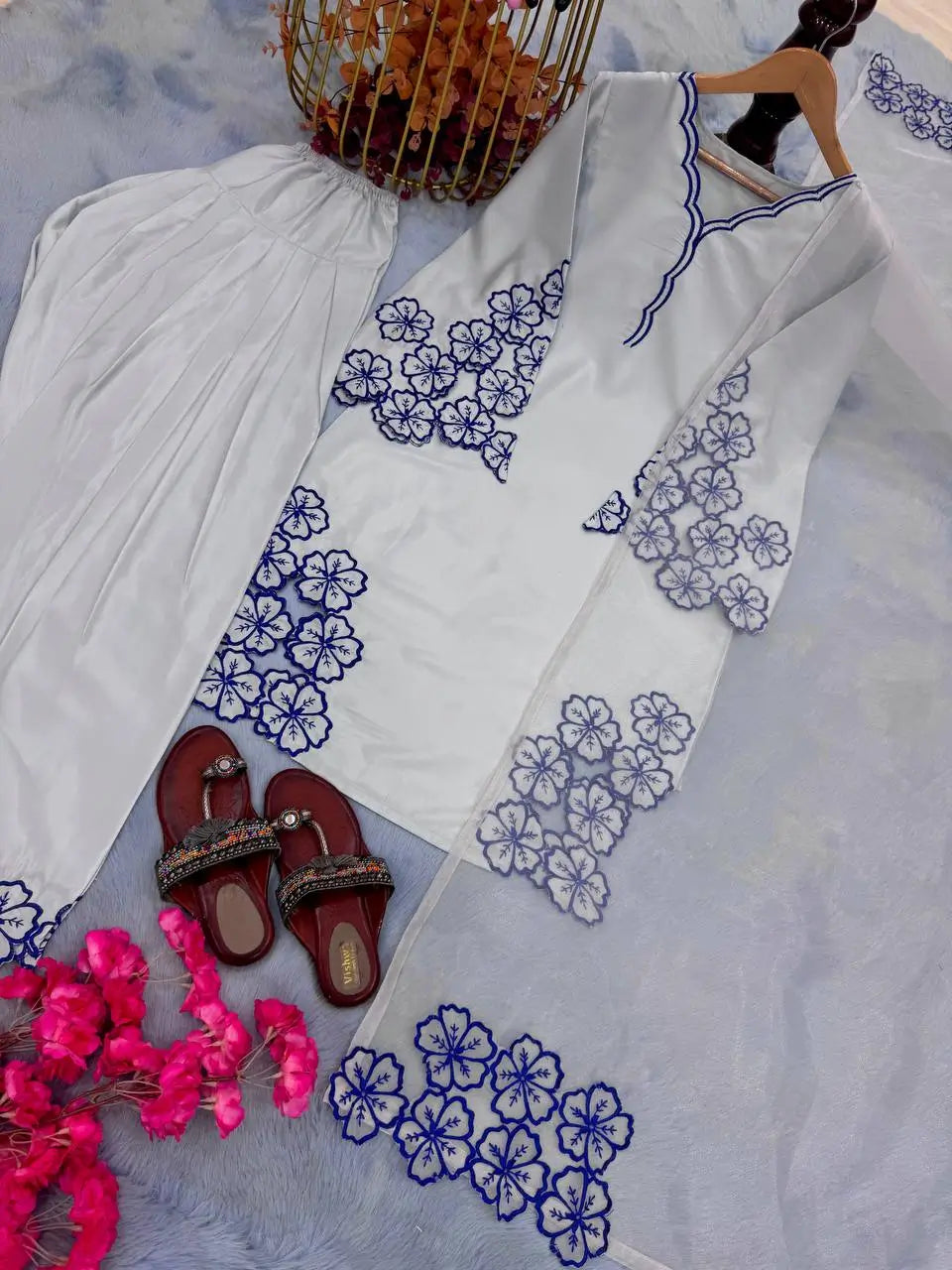 White & Blue Embroidered Crepe Suit with Farshi Plazzo & Organza Dupatta – Summer Festive Wear