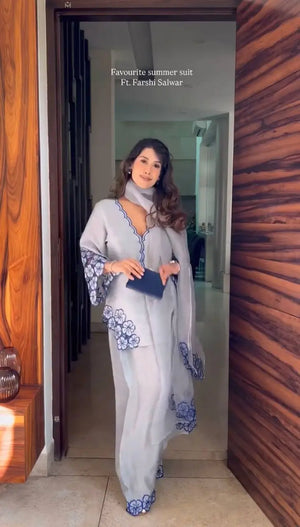 White & Blue Embroidered Crepe Suit with Farshi Plazzo & Organza Dupatta – Summer Festive Wear
