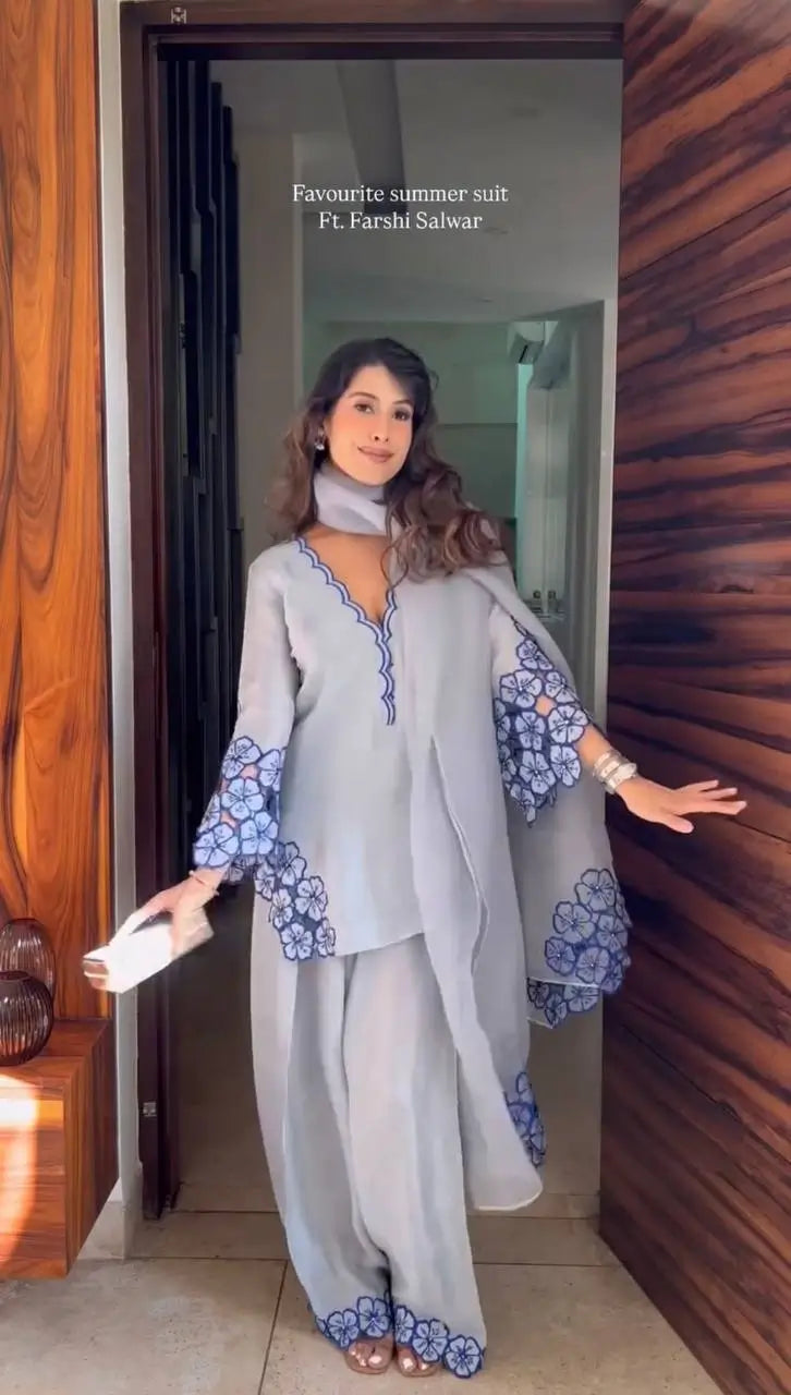 White & Blue Embroidered Crepe Suit with Farshi Plazzo & Organza Dupatta – Summer Festive Wear