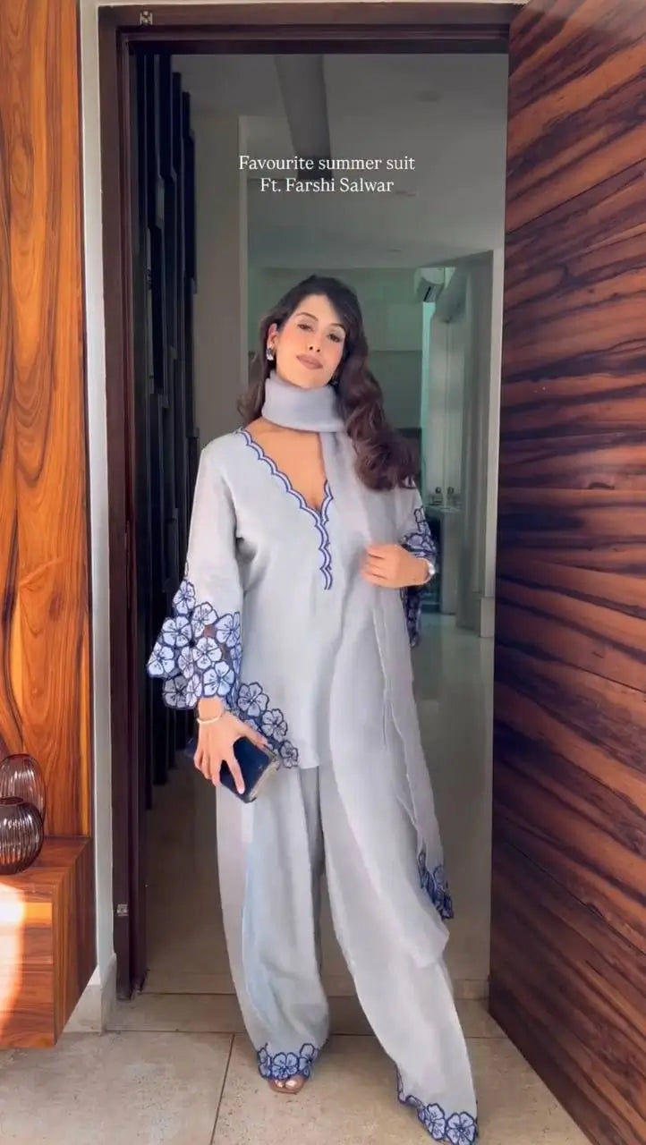 White & Blue Embroidered Crepe Suit with Farshi Plazzo & Organza Dupatta – Summer Festive Wear