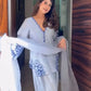 White & Blue Embroidered Crepe Suit with Farshi Plazzo & Organza Dupatta – Summer Festive Wear