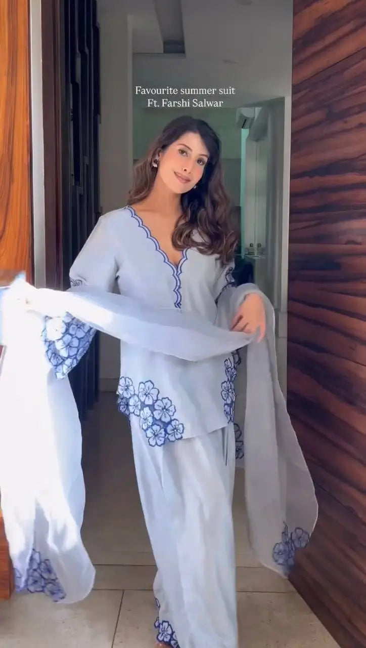 White & Blue Embroidered Crepe Suit with Farshi Plazzo & Organza Dupatta – Summer Festive Wear