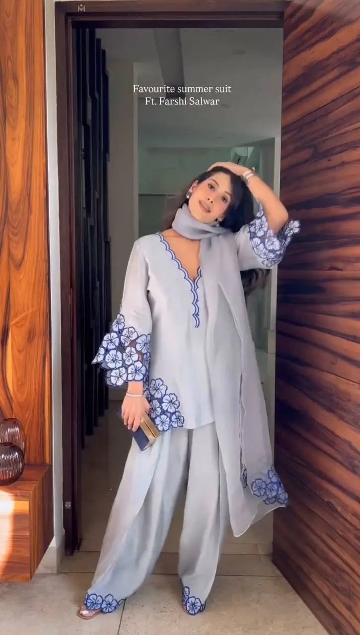 White & Blue Embroidered Crepe Suit with Farshi Plazzo & Organza Dupatta – Summer Festive Wear